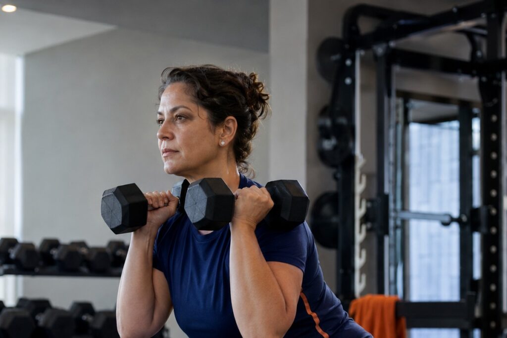 Mulher realizando treinamento de força com halteres, ilustrando a preservação de massa muscular durante o emagrecimento